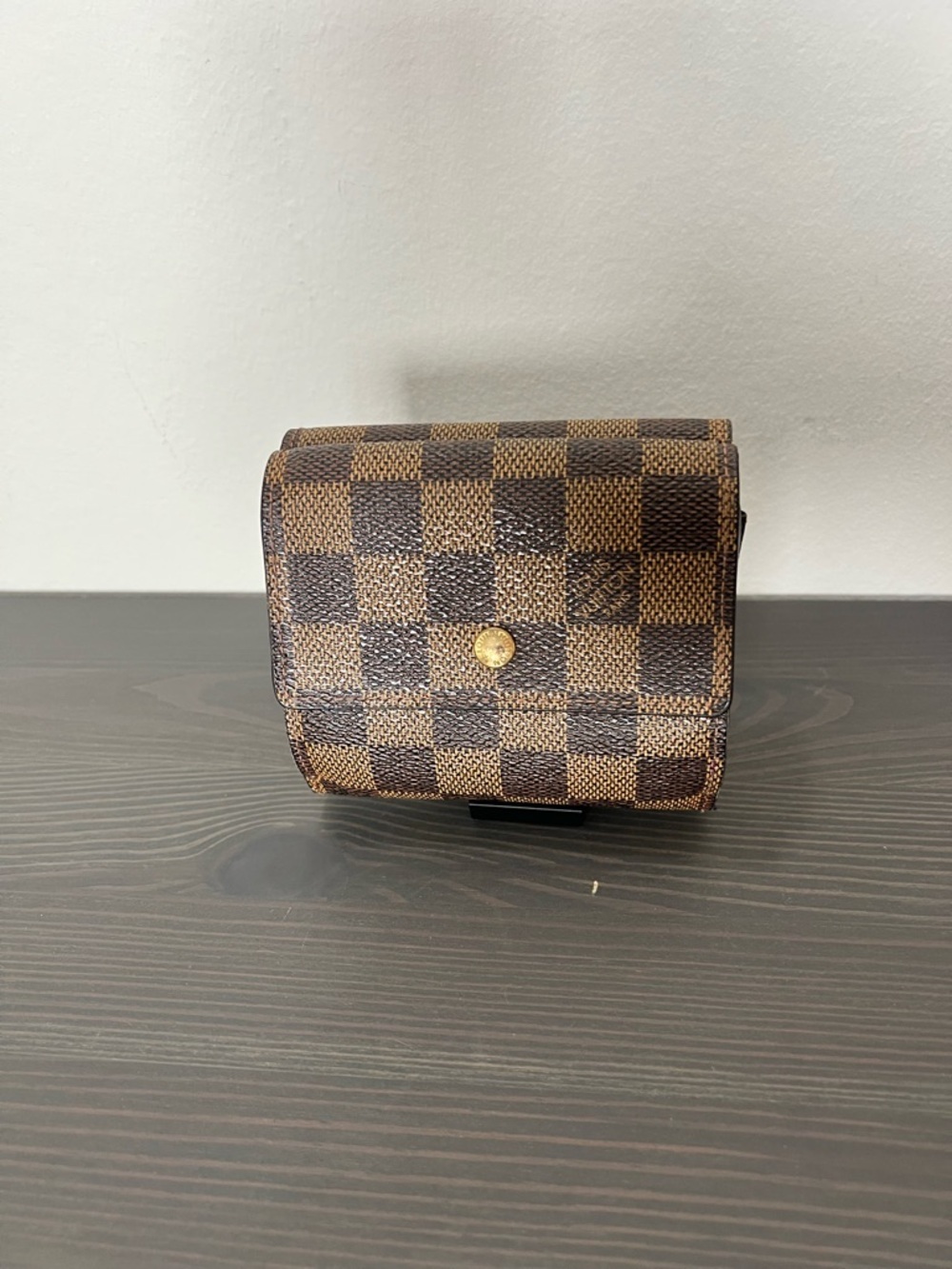 Louis Vuitton Damier Ebene Elise Trifold Wallet Brown Canvas Snap Vintage Auth
